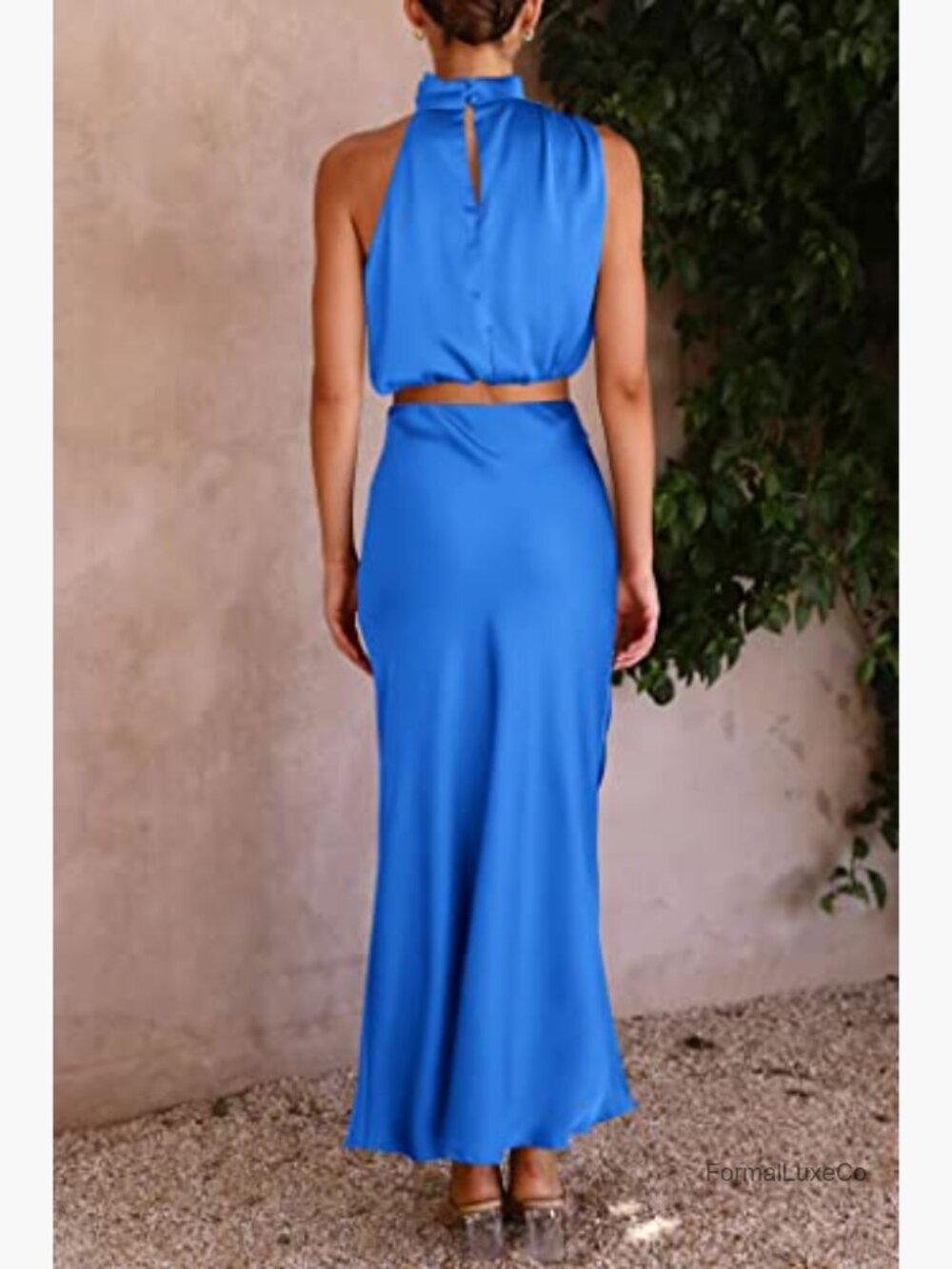 2 Piece Satin Mock Neck Crop Top & Maxi Skirt Set Summer Outfit - Picture 4 of 7